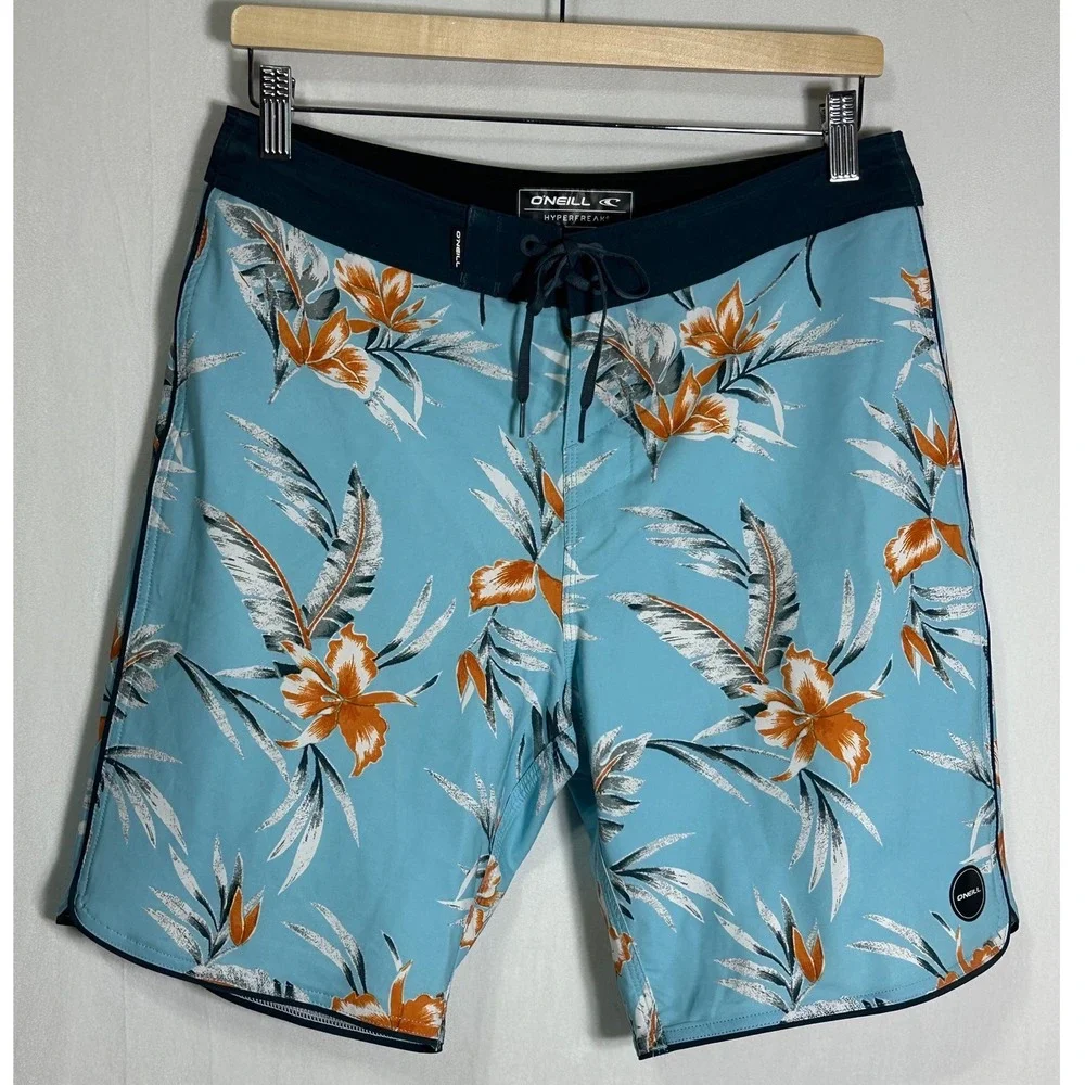 O'Neill Hyperfreak Mens Board Shorts Blue Tropical Floral Swim Trunks Size 30